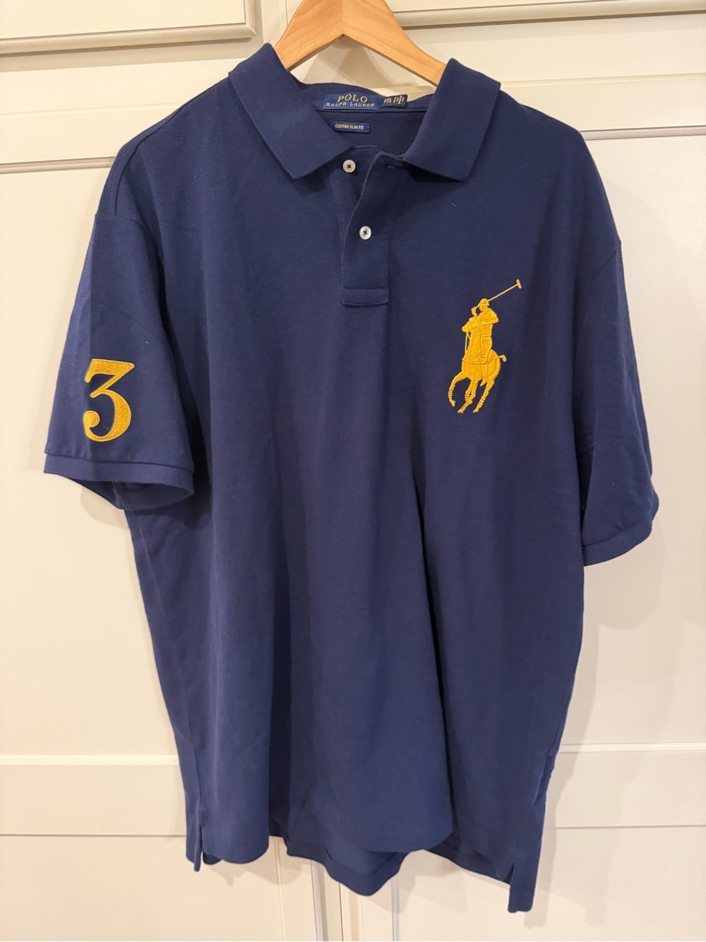 Ralph Lauren Navy Polo Shirt with Yellow Pony & Sleeve Number